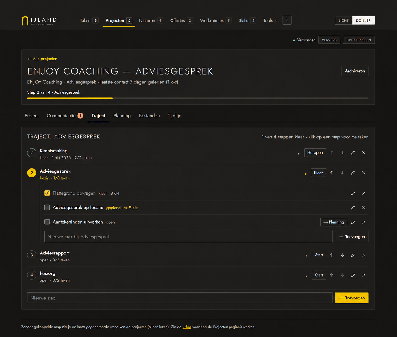 Voorbeeld van een dashboard voor IJLAND Atelier Interieur: het project ENJOY Coaching met trajectstappen en taken.