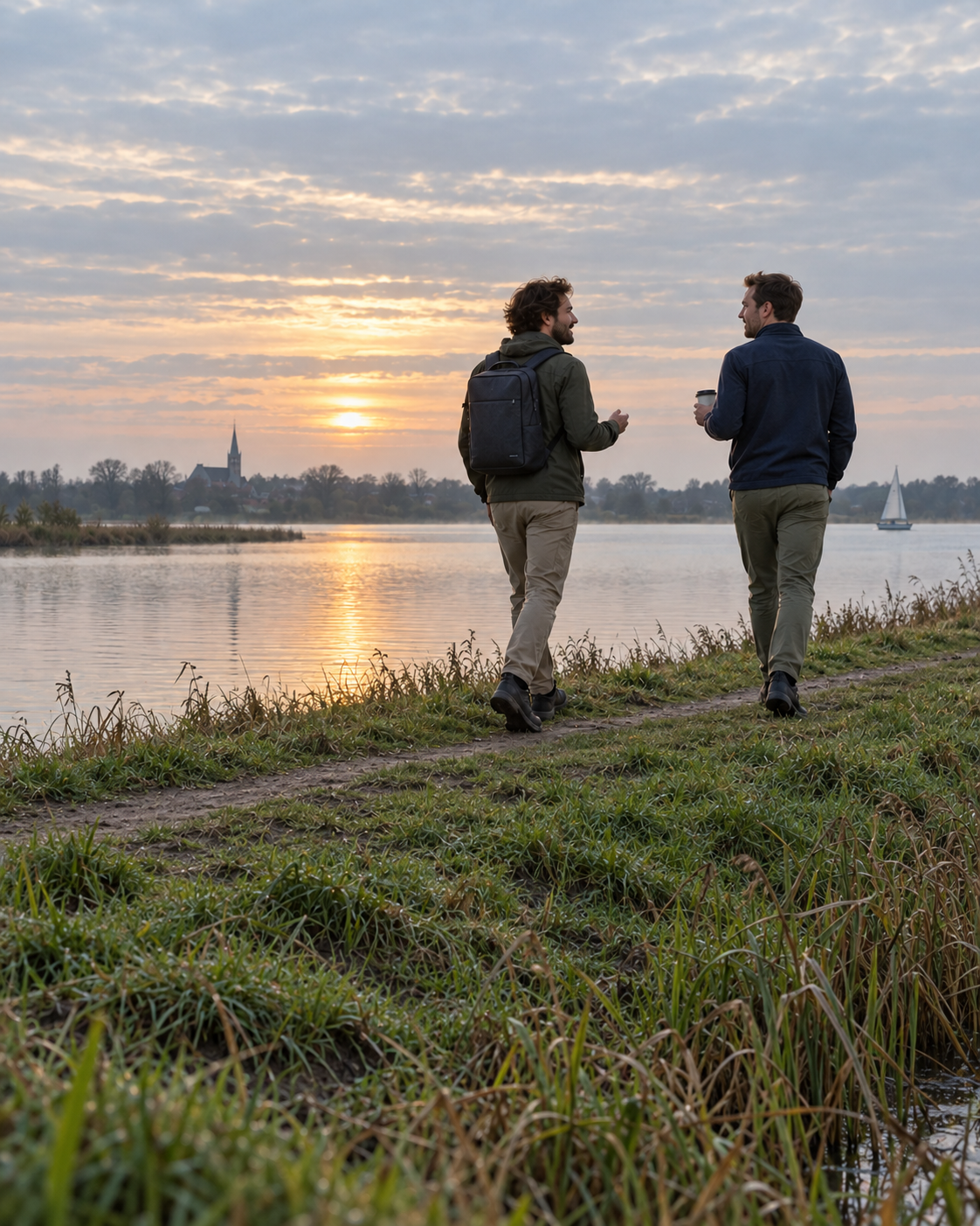 Met AI gemaakt beeld van twee mannen die bij zonsopkomst in gesprek over een dijk langs het water lopen