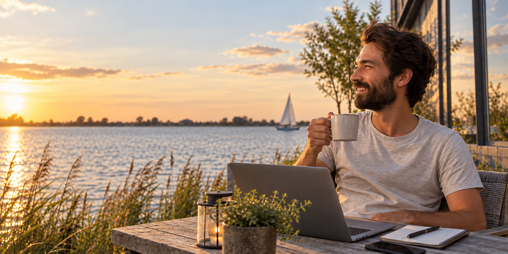 Met AI bewerkt beeld van Simon aan een meer, met koffie, laptop en een zeilboot op de achtergrond
