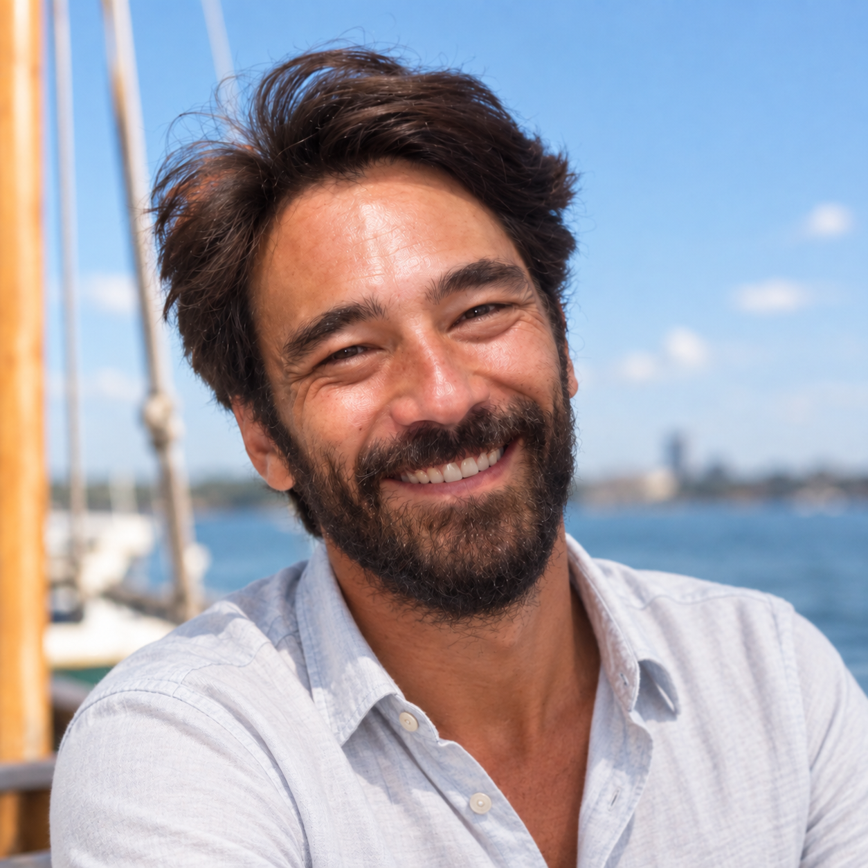 Met AI bewerkt portret van Simon Gorter op een zeilboot