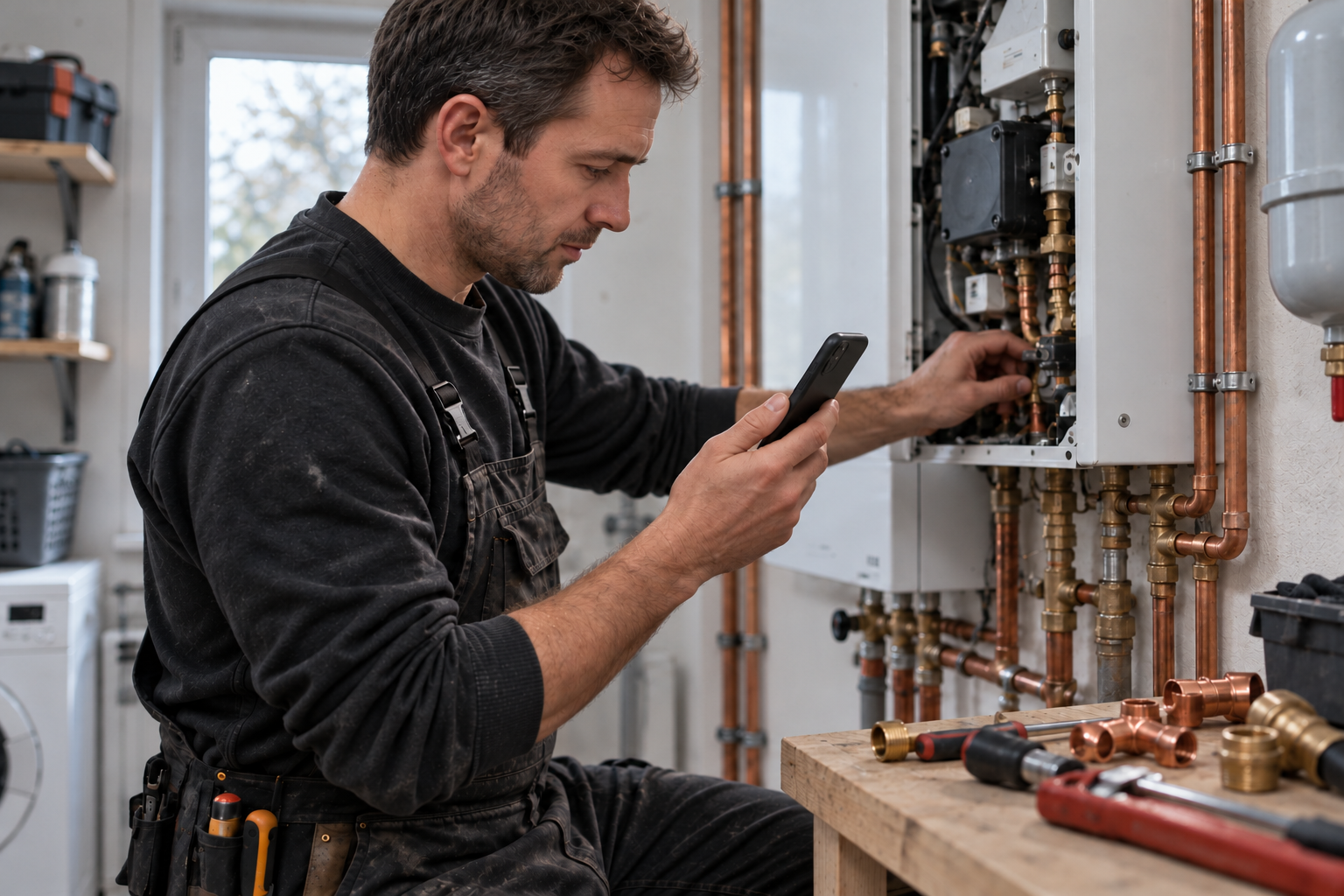 Met AI gemaakt voorbeeld van een installateur die tijdens een klus op zijn mobiel een AI-assistent raadpleegt