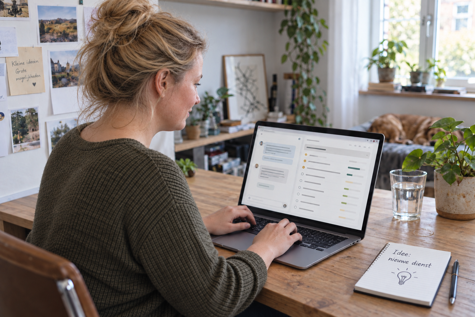 Met AI gemaakt voorbeeld van een ondernemer die op een laptop met AI een idee uitwerkt tot een project met taken en voortgang